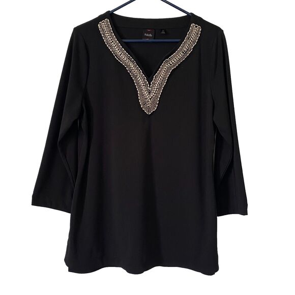 Rafaella Top Tunic Black Size‎ L Rhinestone Embellished Neckline 3/4 Sleeves - Picture 1 of 11